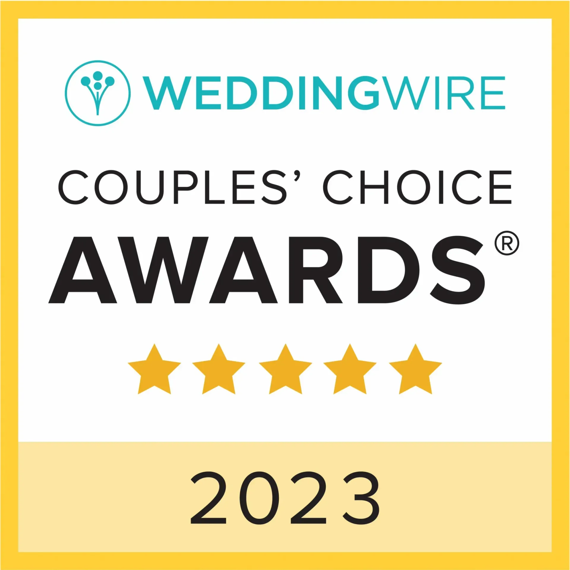 WeddingWire Couples' Choice Awards 2023 badge with five stars. The logo is set on a yellow background.