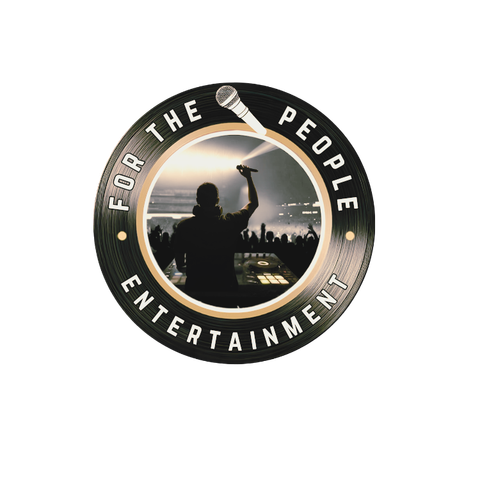 Brown circular logo: arm holding microphone raised to crowd, 