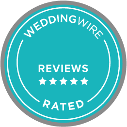 WeddingWire Reviews, 5-star rated badge in teal and gray.