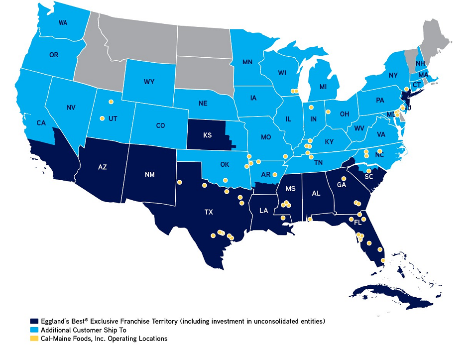 Image of map with Cal-Maine Foods locations in the following states: AL, AR, FL, DE, GA, KS, KY, MD, MO, MS, NJ, OH, OK, SC, TN, TX and UT