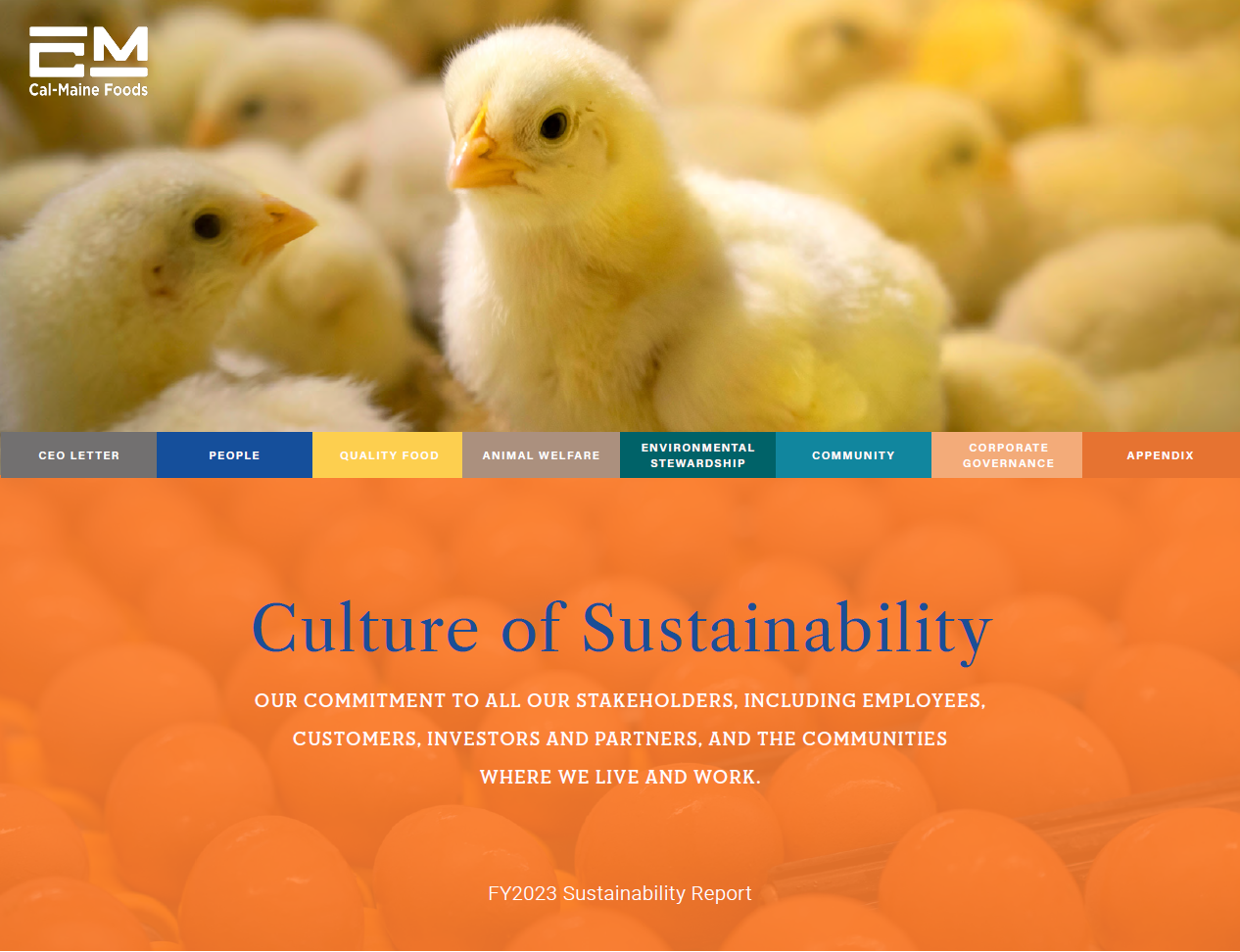 Cover image of the Fiscal Year 2023 Cal-Maine Culture of Sustainability Report.