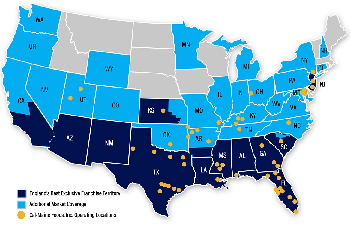 Image of map with Cal-Maine Foods locations in the following states: AL, AR, FL, DE, GA, KS, KY, MD, MO, MS, NJ, OH, OK, SC, TN, TX and UT