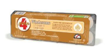 A carton of 12 4GRAIN® Wholesome Eggs in a PET plastic carton.