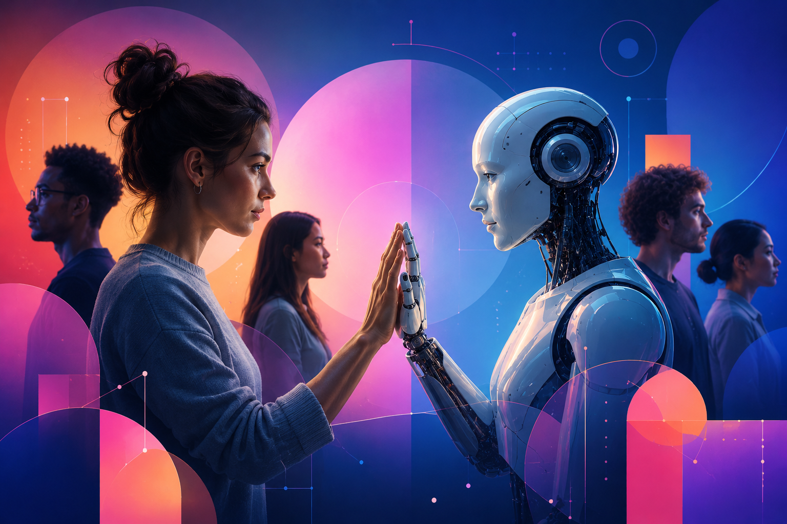 Futuristic digital illustration of a human woman and a humanoid robot touching palms