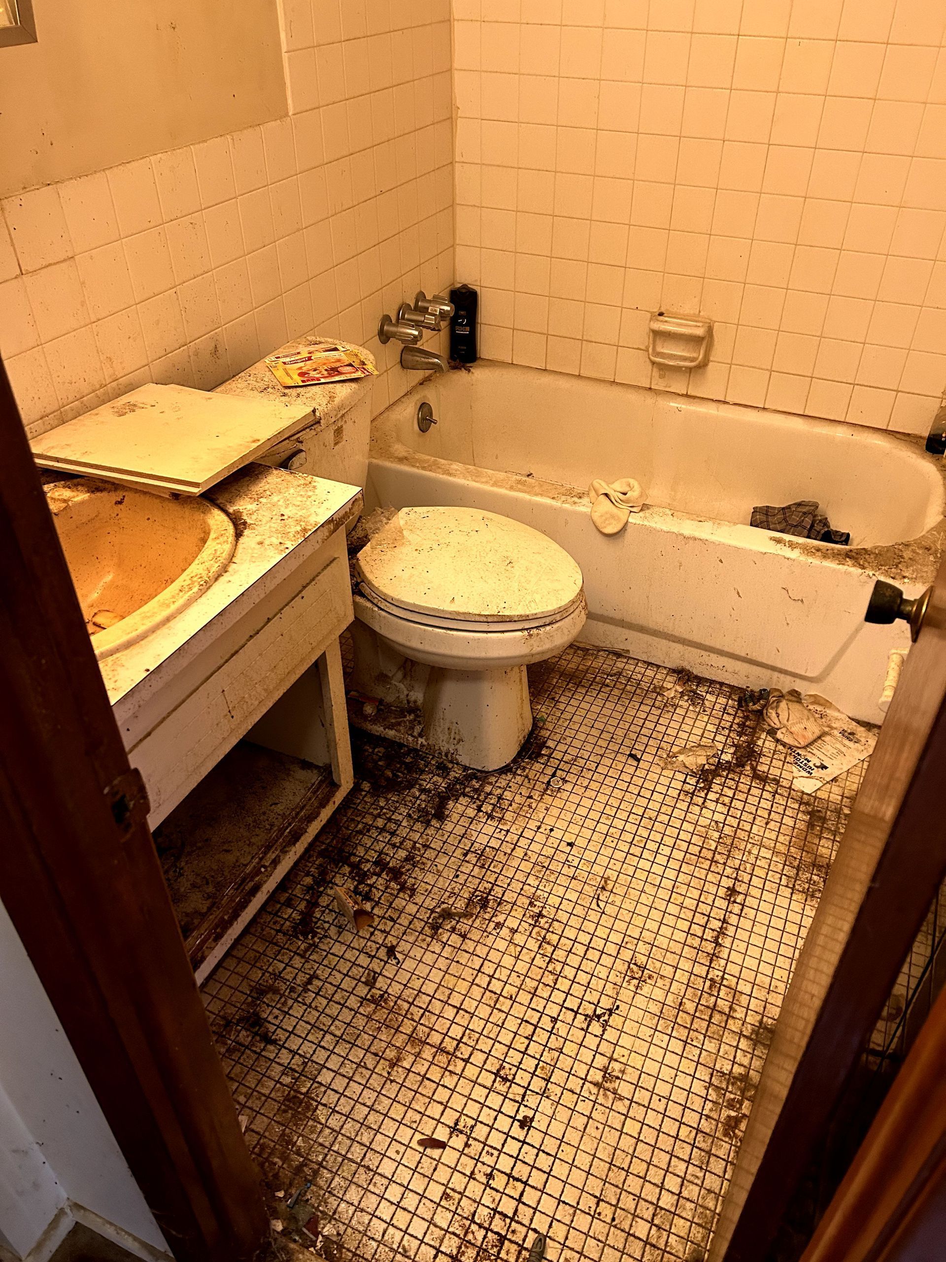 A during shot of a bathroom in a hoard cleanup in Pittsburgh, PA by Kingdom Bio Recovery & Restoration hard at work