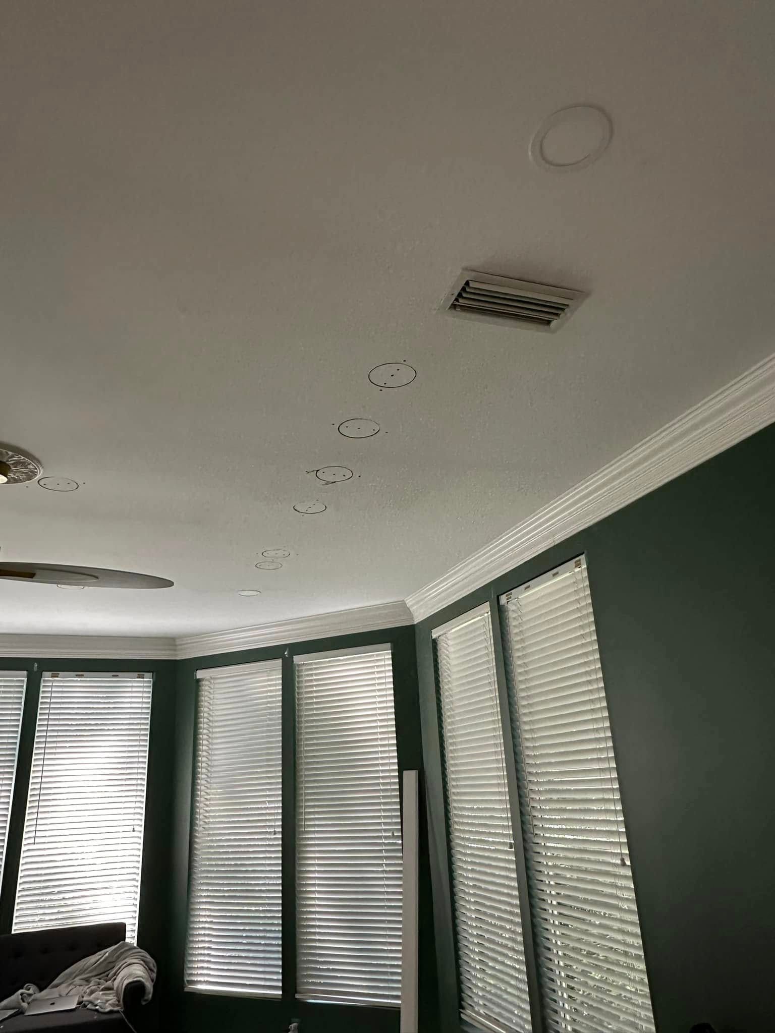 A living room with green walls and white blinds and a ceiling fan.