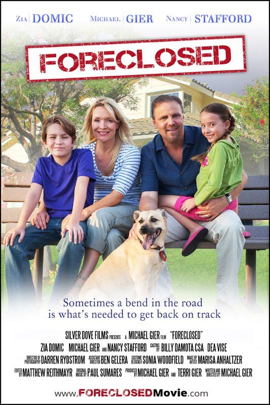 movie poster of a young family sitting in front of their foreclosed home