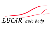 Logo for Lucar auto body: Red car outline, black text "LUCAR auto body."
