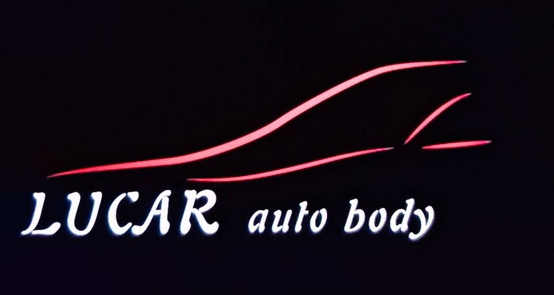 Logo for Lucar auto body: Red car outline, black text "LUCAR auto body."
