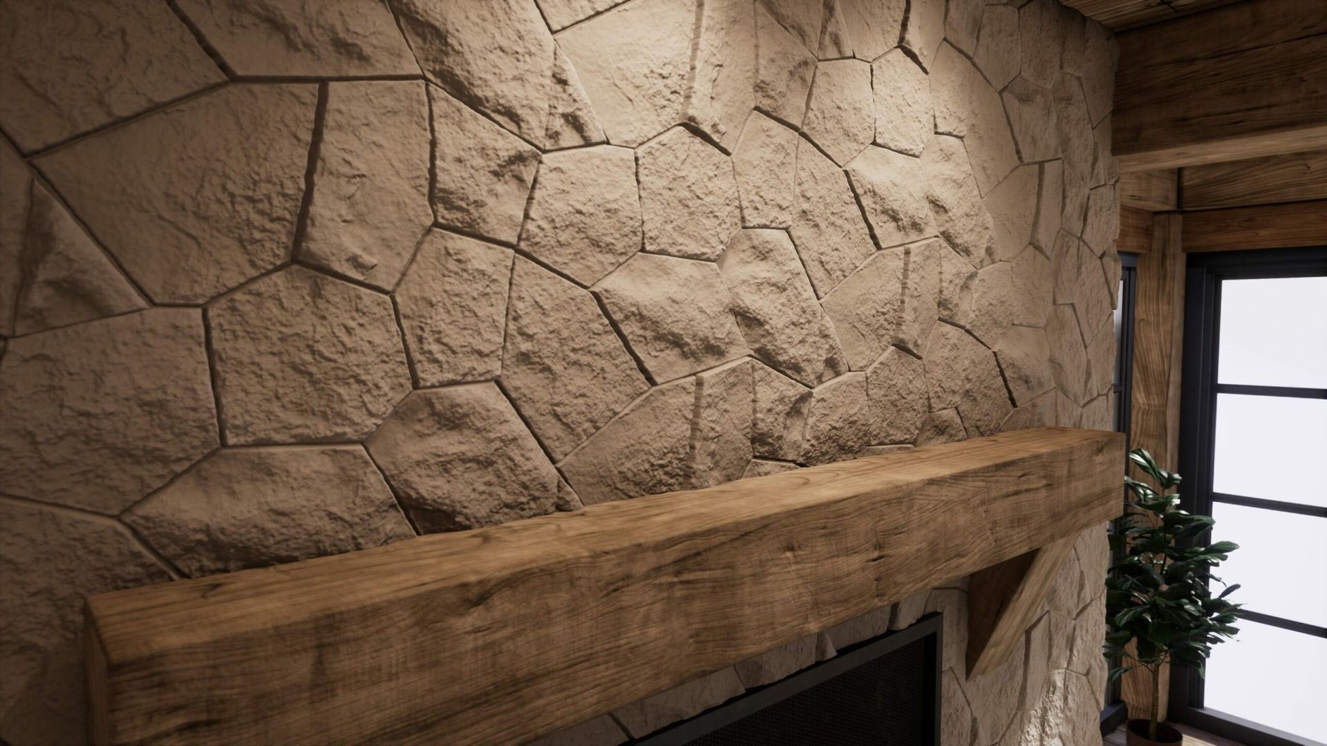 Muro de piedra con repisa de vigas de madera y ventana, interior.