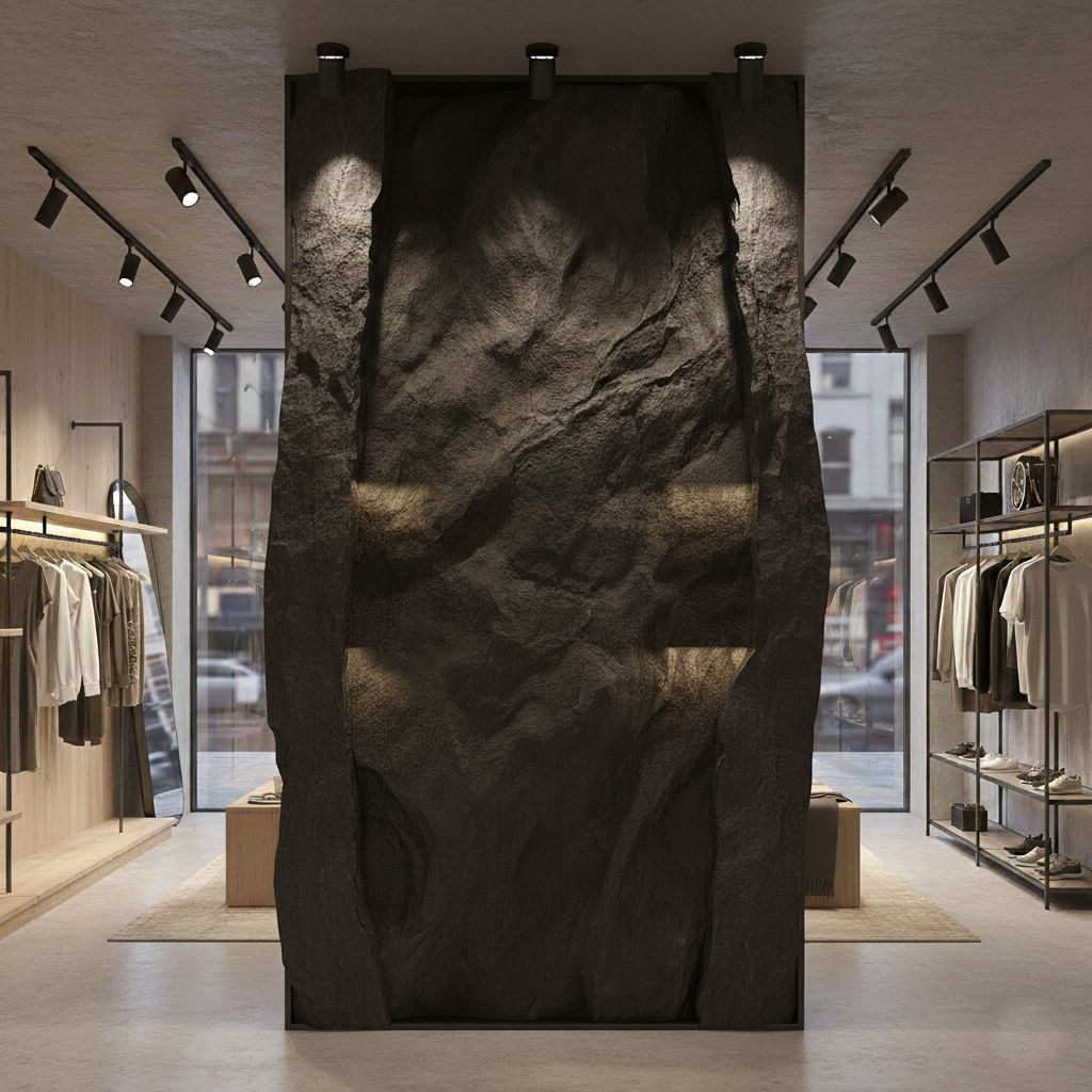 Interior de tienda de ropa con exhibición de pared de piedra, iluminación de riel, percheros y ventanas que dan a una calle.