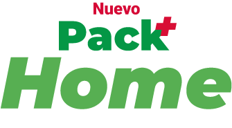 Logotipo de texto “Nuevo Pack+ Home” en color verde y rojo.
