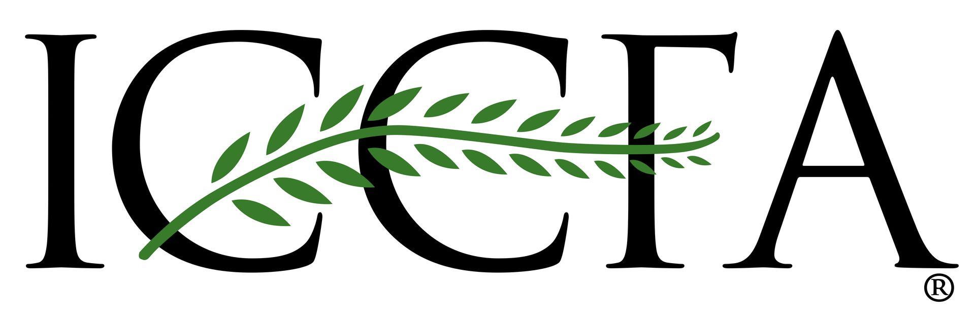 a black and white logo for icca with a green leaf