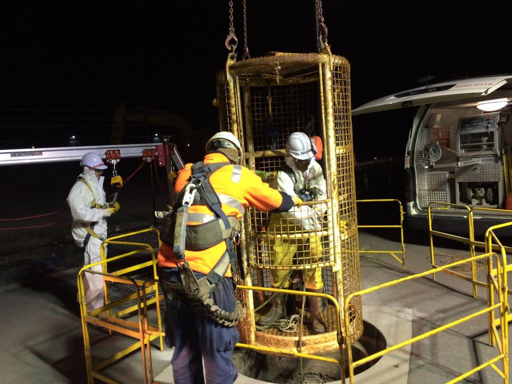 Caged confined space entry for pipeline rehabilitation with magnesium hydroxide application.