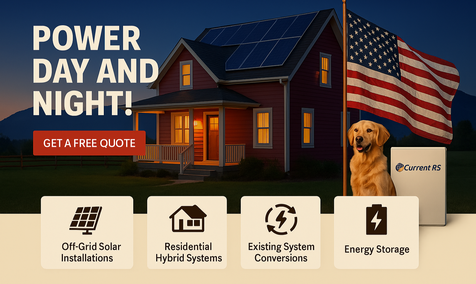 A dog is sitting in front of a house with solar panels on the roof A dog is sitting in front of a house with solar panels on the roof