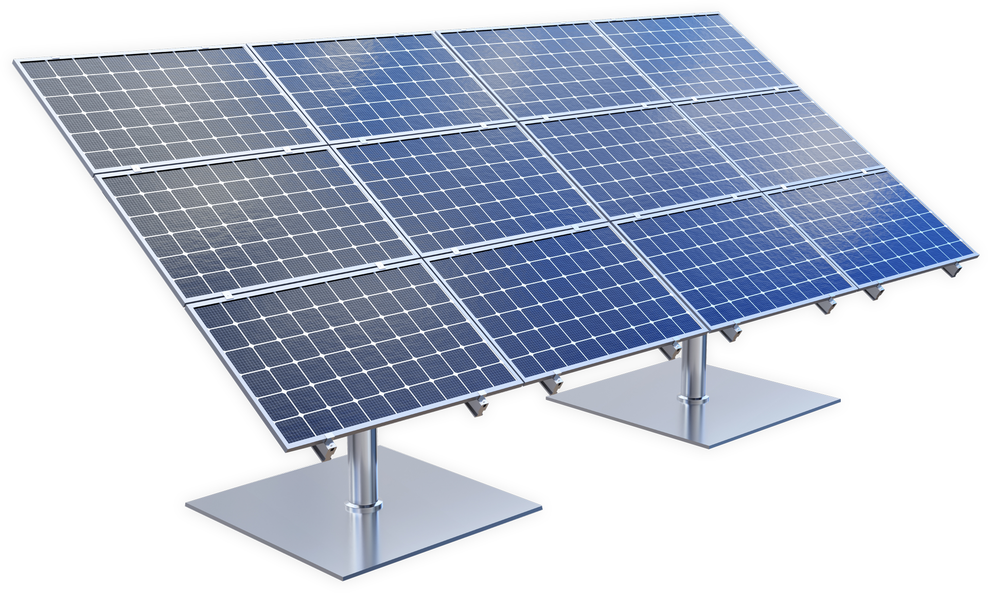 A row of solar panels on a stand on a white background