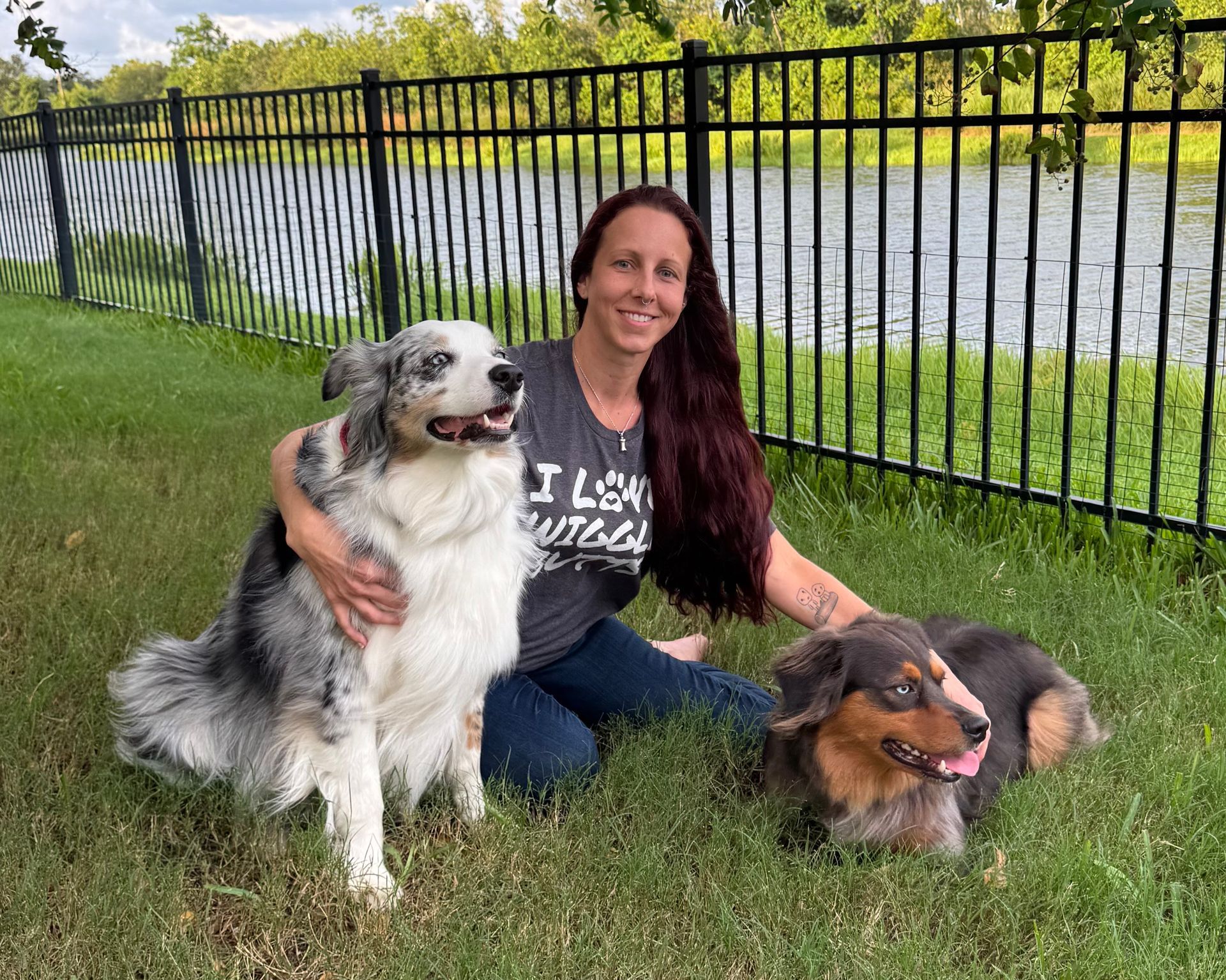 Woman with two dogs in front of a fence and a body of water; dogs are blue merle and tri-color.