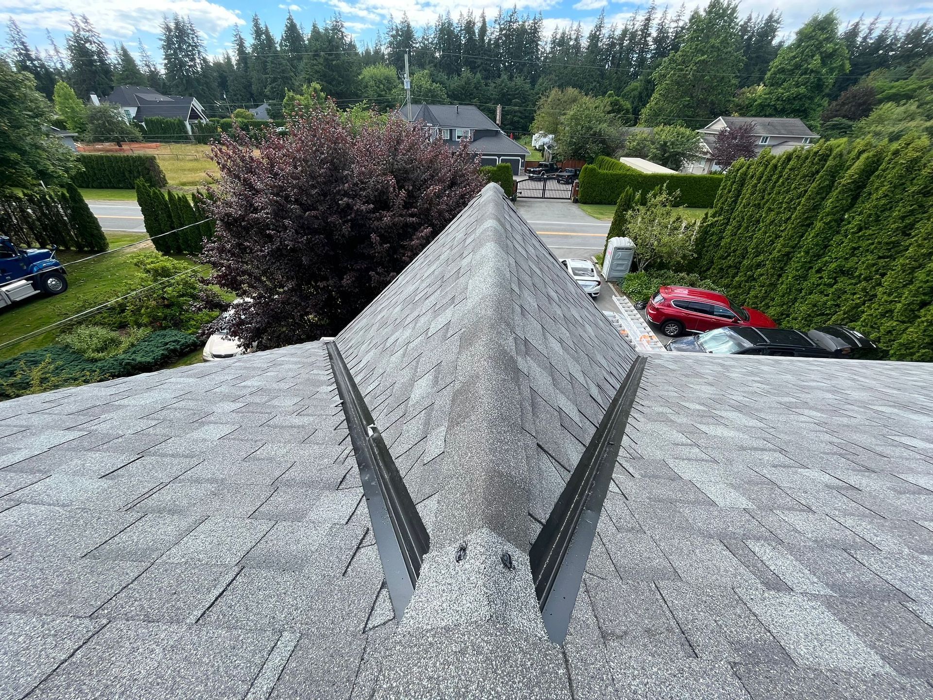 A roof with a chimney on top of it in a residential area within langley bc.