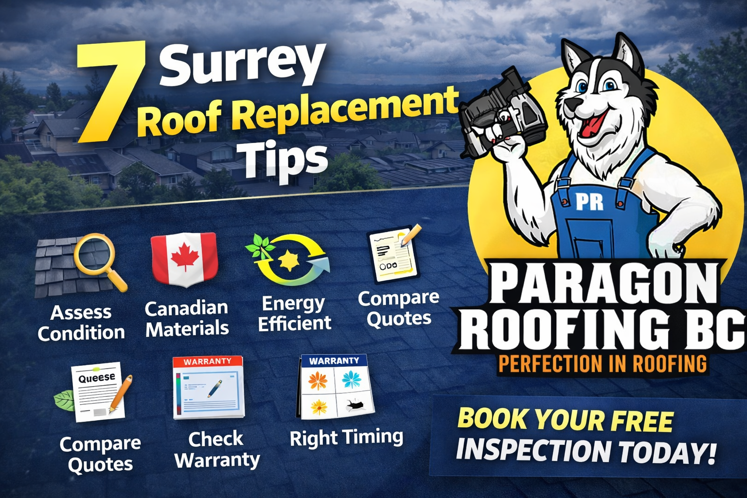 Ad for Paragon Roofing BC: a husky mascot holds a nail gun. Headline reads
