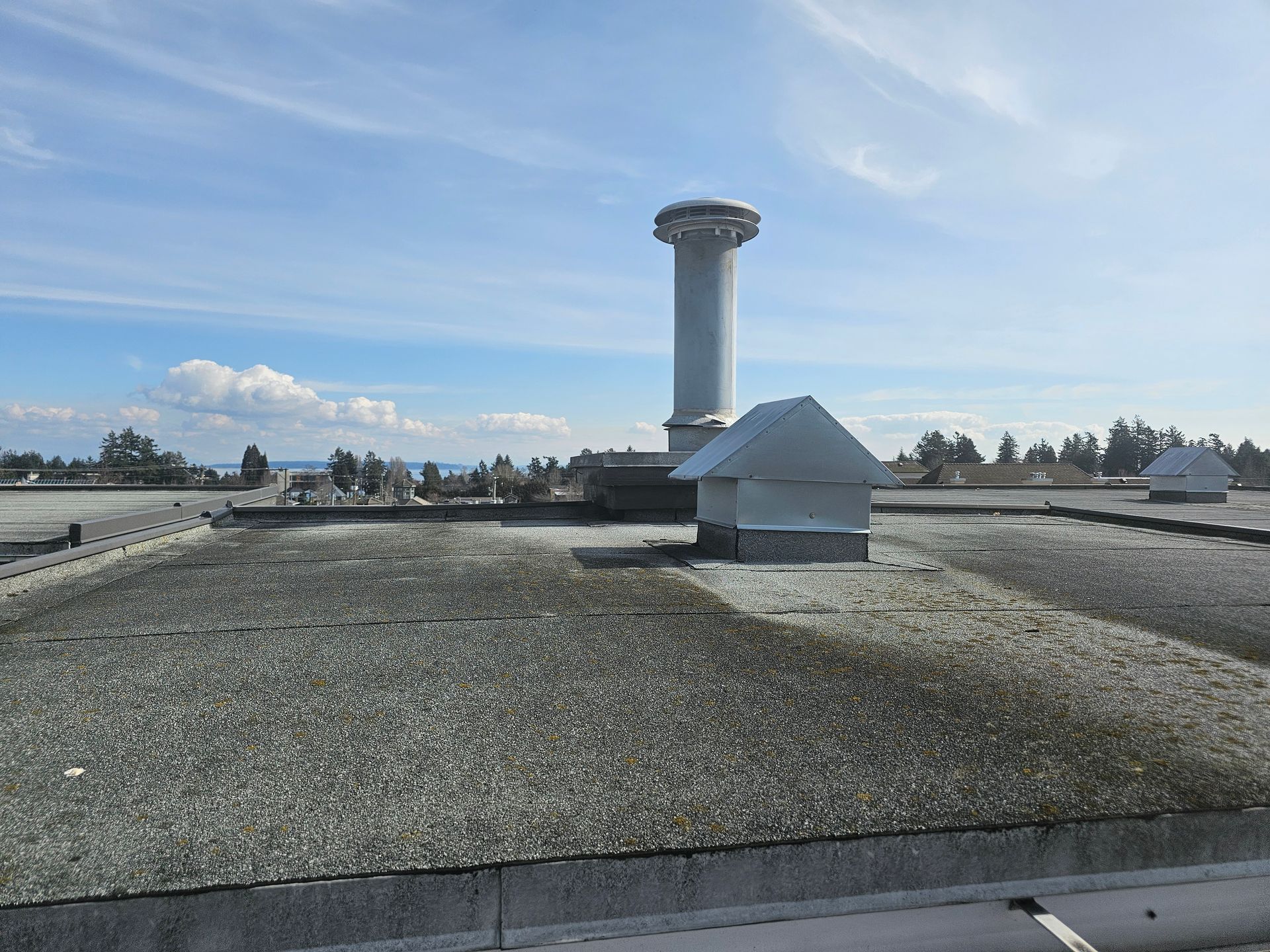 There is a chimney on the roof of a building.