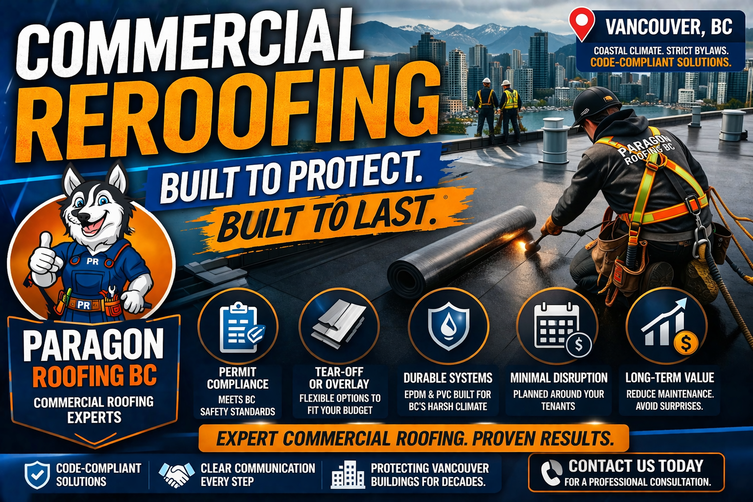 A Paragon Roofing BC ad for commercial reroofing in Vancouver, featuring a technician working on a rooftop.
