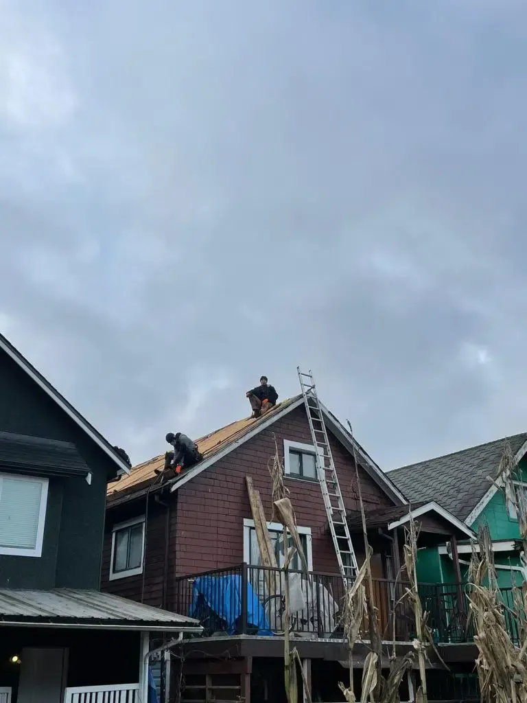 Roofers work on a house's brown roof under a cloudy sky. A ladder leans against the building.
