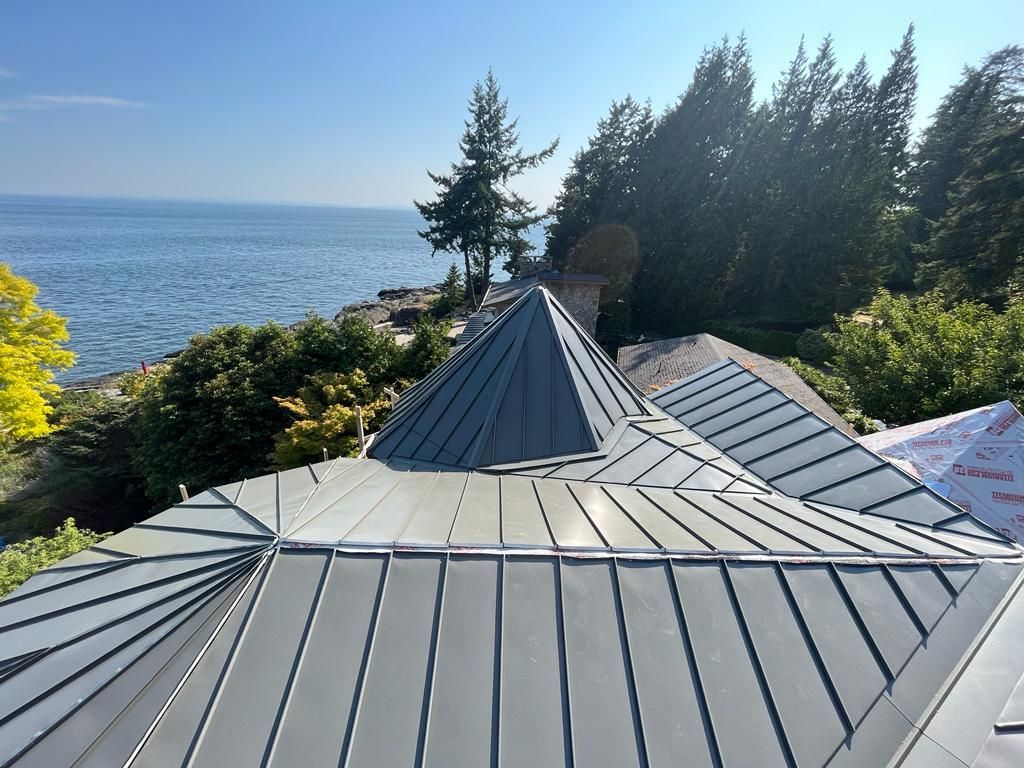 The roof of a house with a view of the ocean