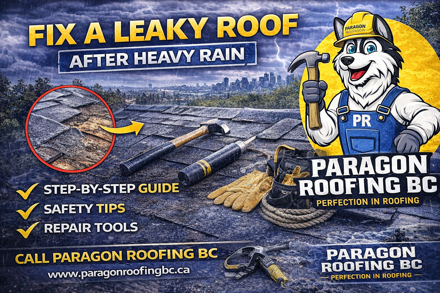 Promotional graphic for Paragon Roofing BC featuring a cartoon husky mascot, roof repair tools, and website information.