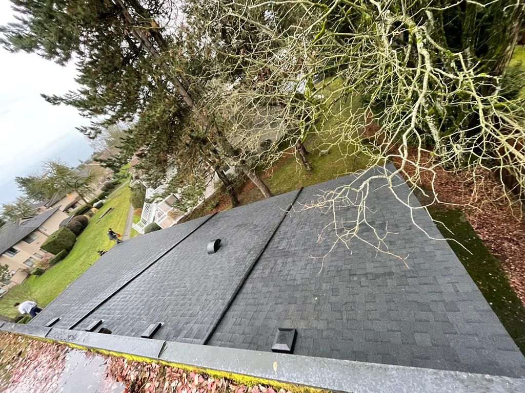 The roof of a house is surrounded by trees and grass.