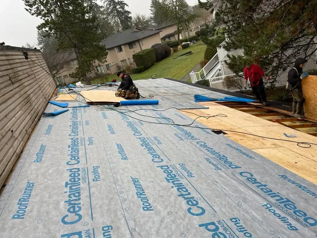 Roofers working on a residential roof, laying down roofing material. Overcast day.