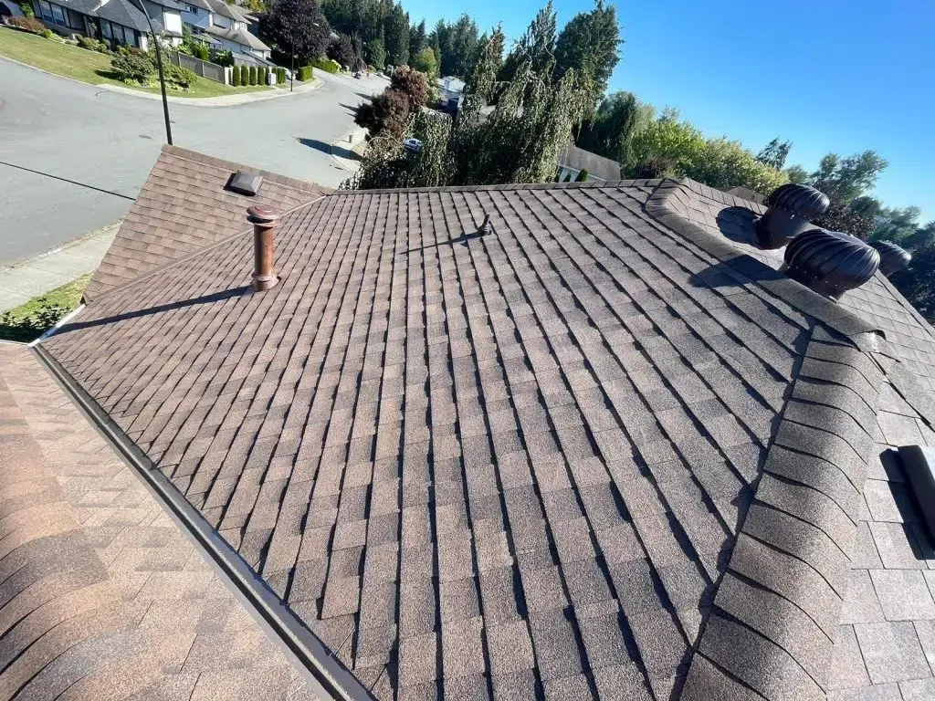 View of a brown shingled roof with a turbine vent, set in a residential neighborhood.
