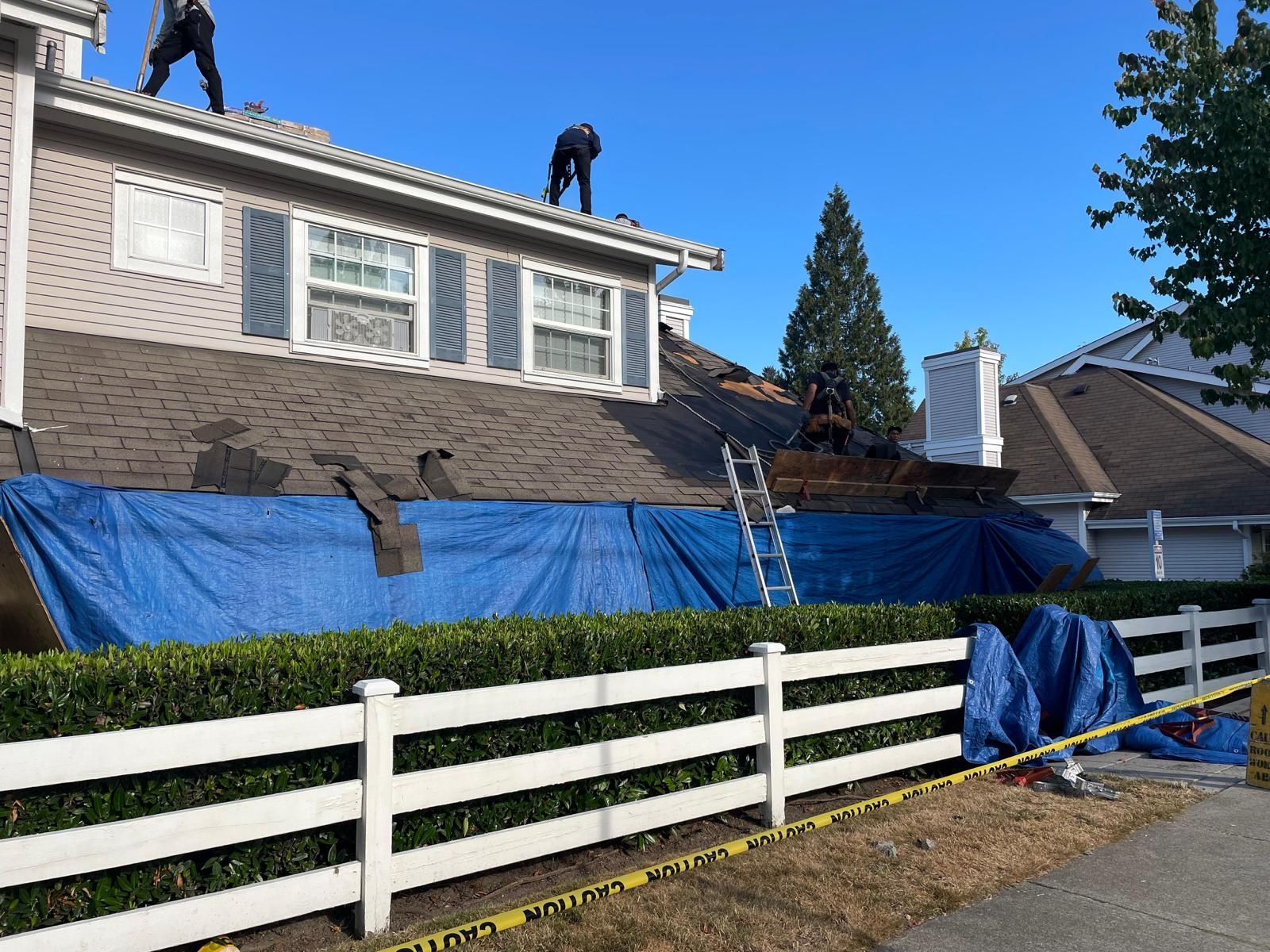 Roofers working on a house with a blue tarp covering part of the roof. White fence in foreground.