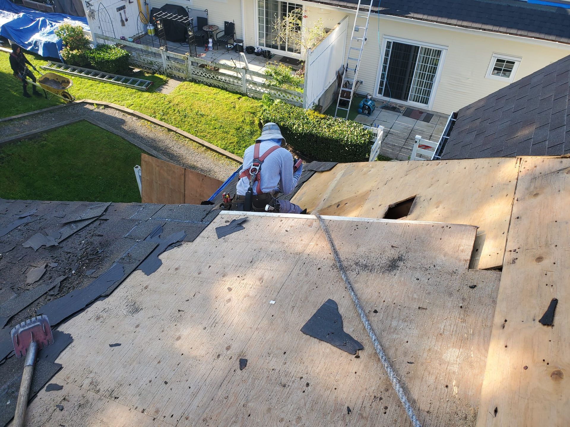 Worker on a rooftop, secured by a harness, repairing shingles near a house and lawn below.