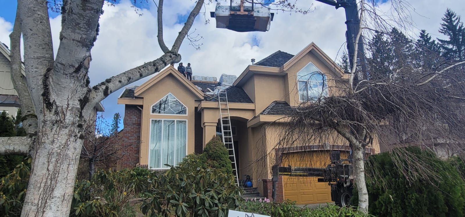 A large house with a crane hanging from a tree in front of it.