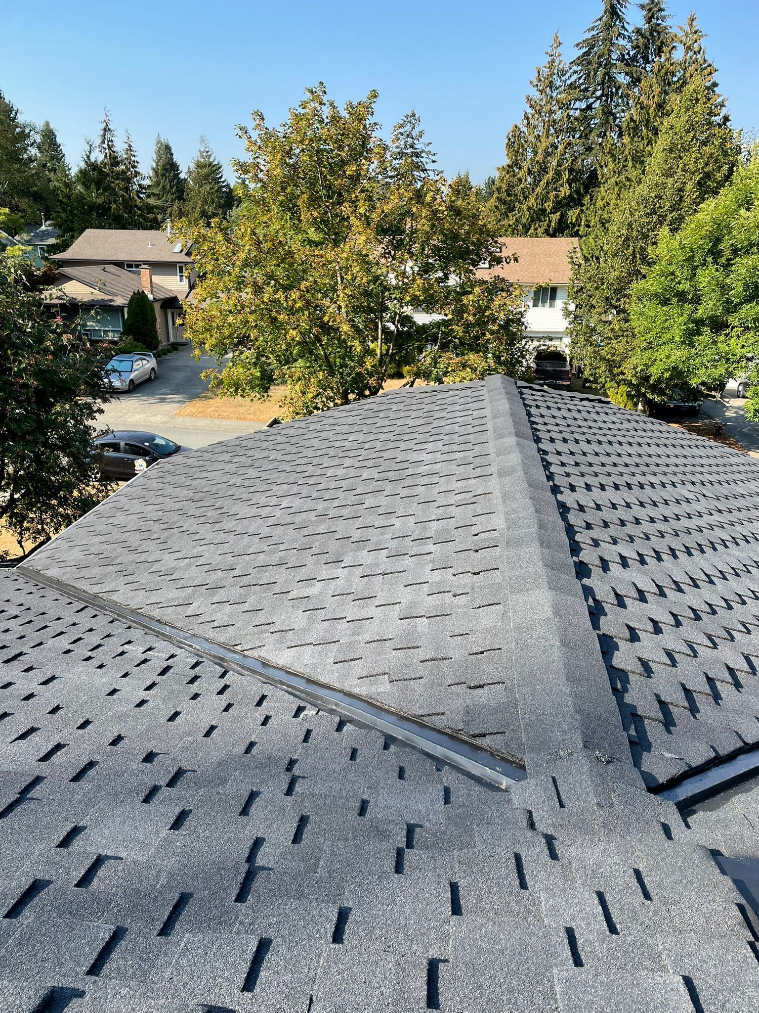 A roof with a lot of shingles on it and trees in the background.