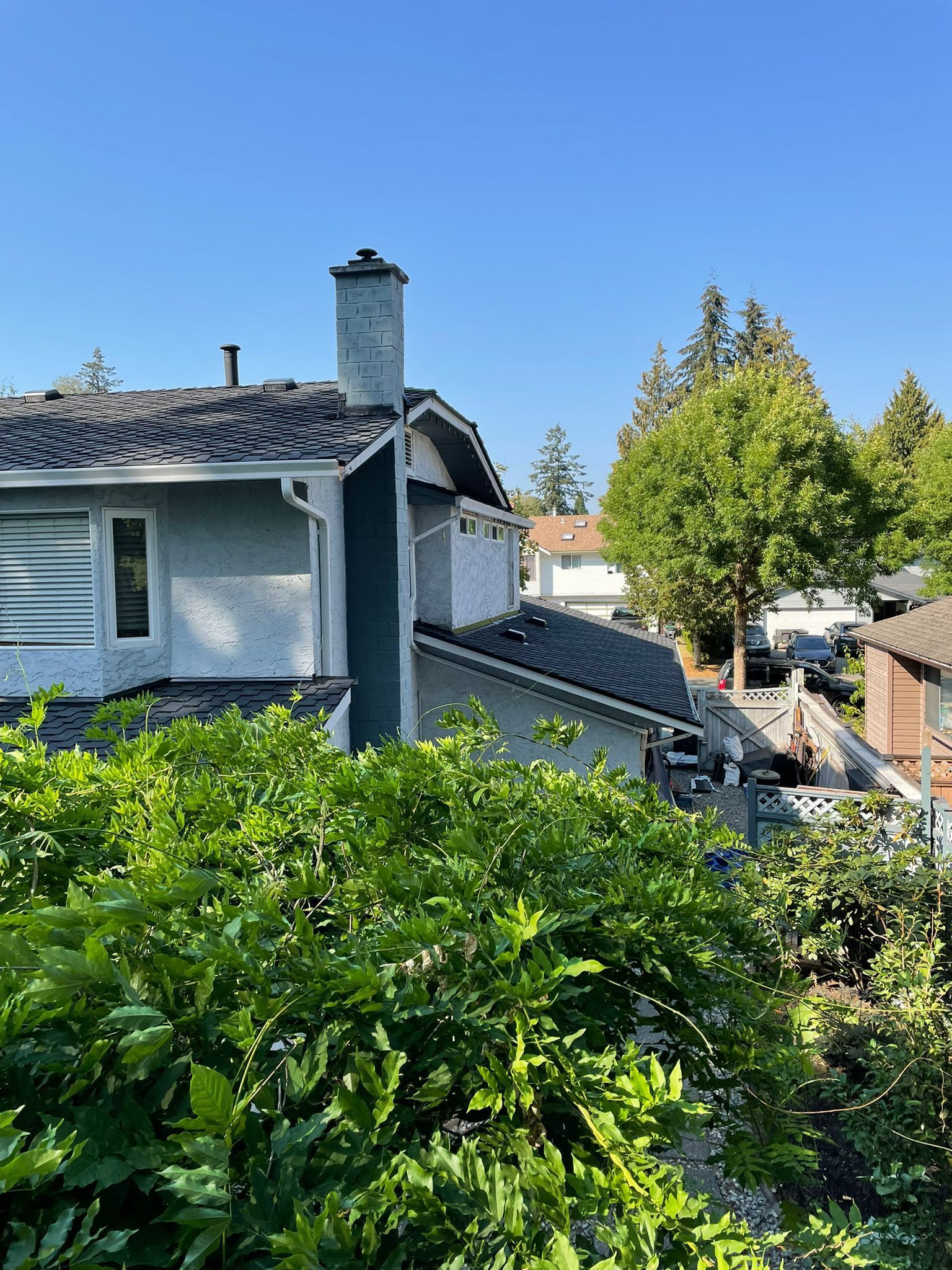 A house with a chimney on the roof is surrounded by trees and bushes.