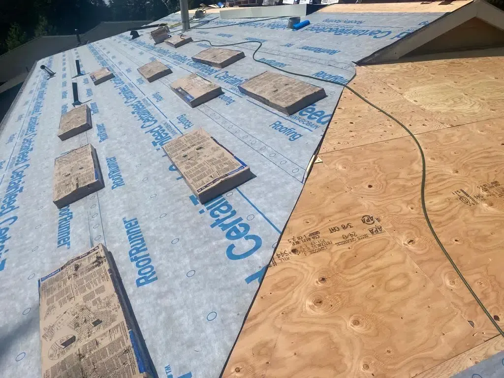 A roof with a lot of plywood on it is being built.