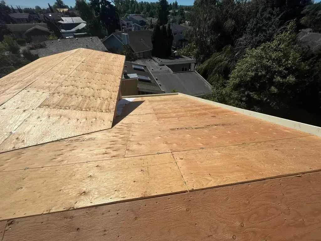 A roof with a lot of plywood on it