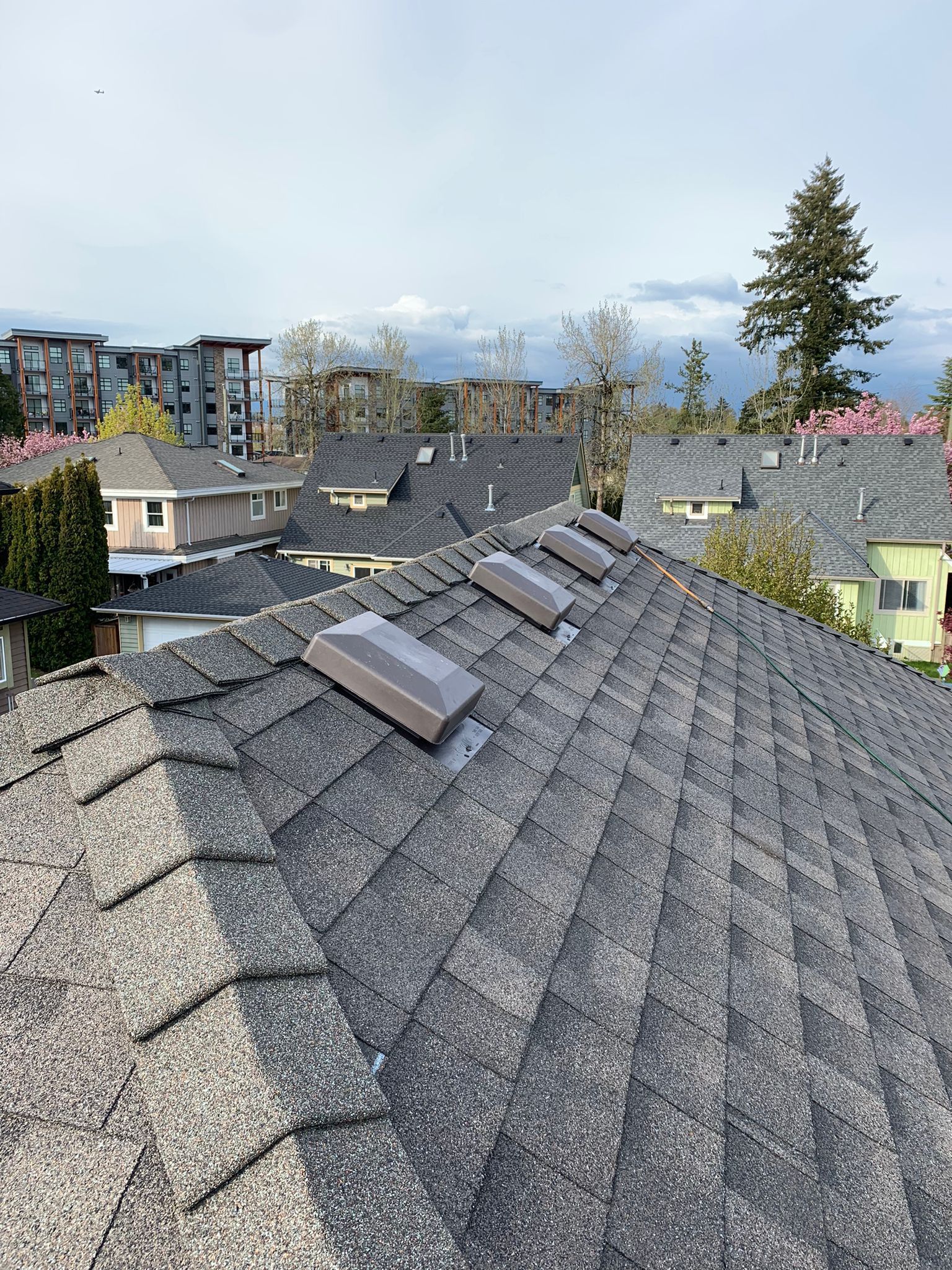 A gray asphalt shingle roof with three rectangular vents, overlooking a residential area with buildings and trees.