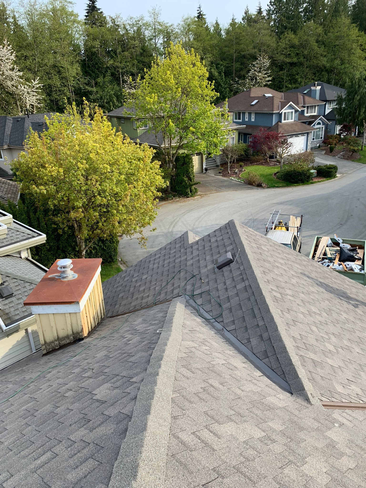 An aerial view of a roof with a chimney and trees in the background.