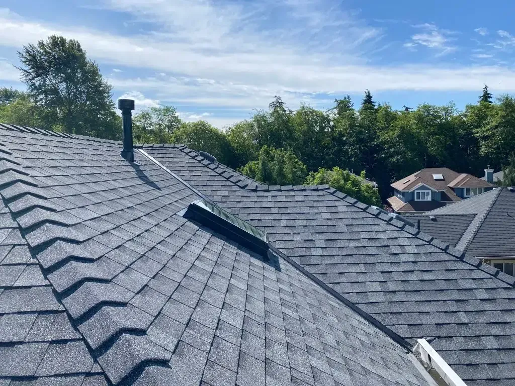 A close up of a roof with a chimney on top of it.
