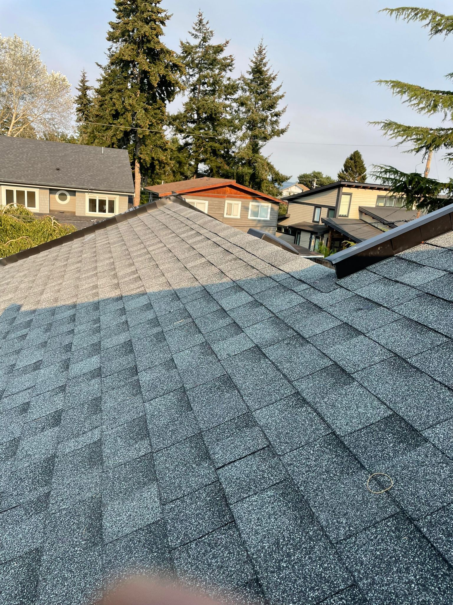 A person is standing on top of a roof with a view of a residential area.