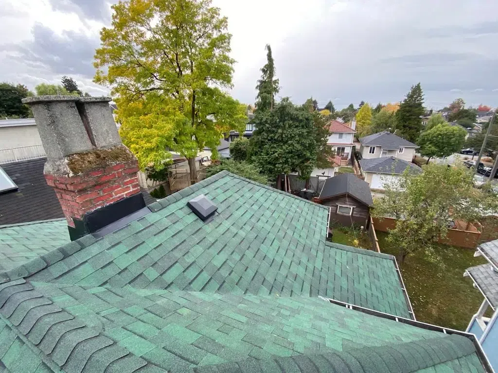 The roof of a house with a green roof and a chimney.