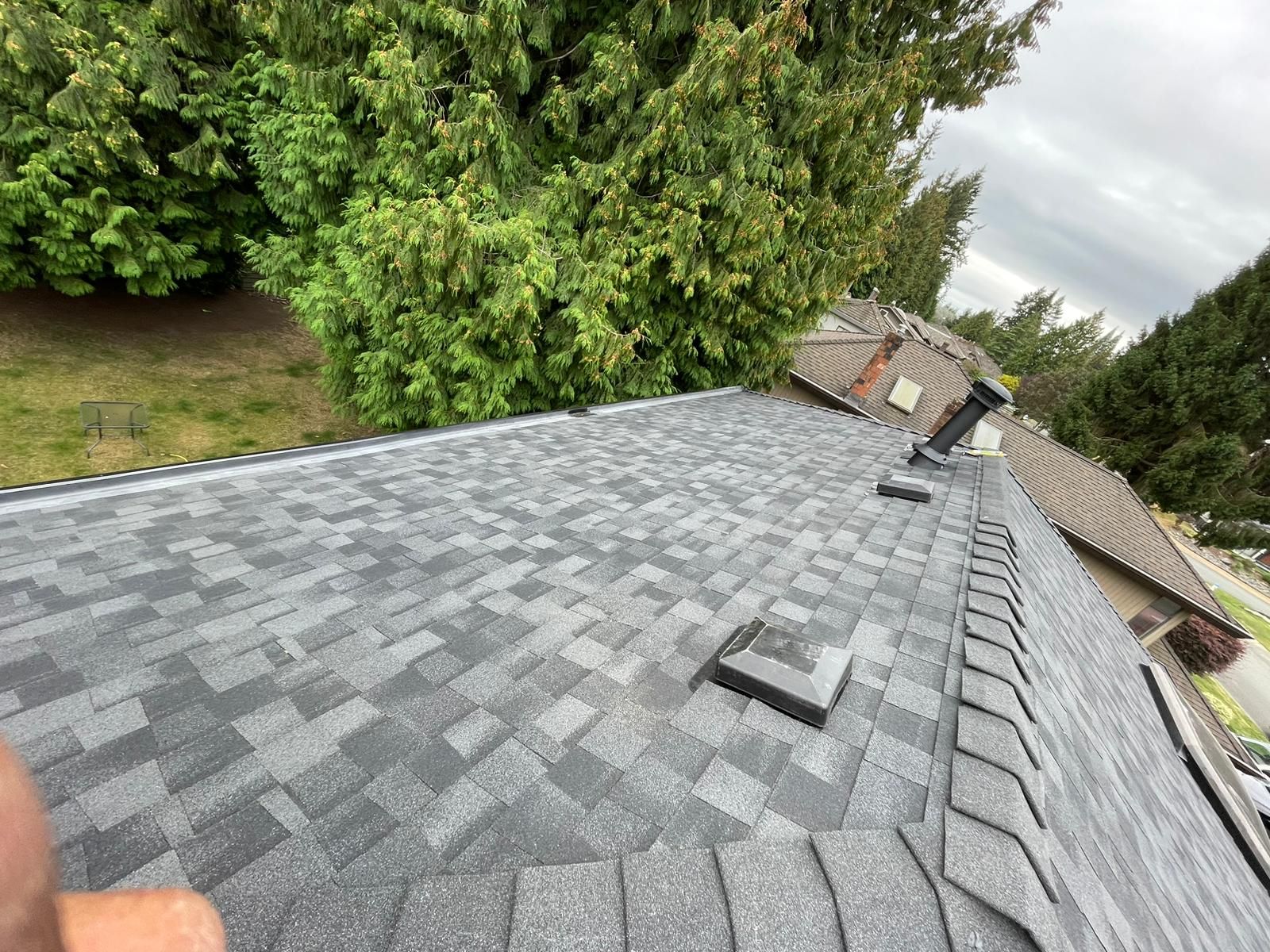 A close up of a roof with a few trees in the background.