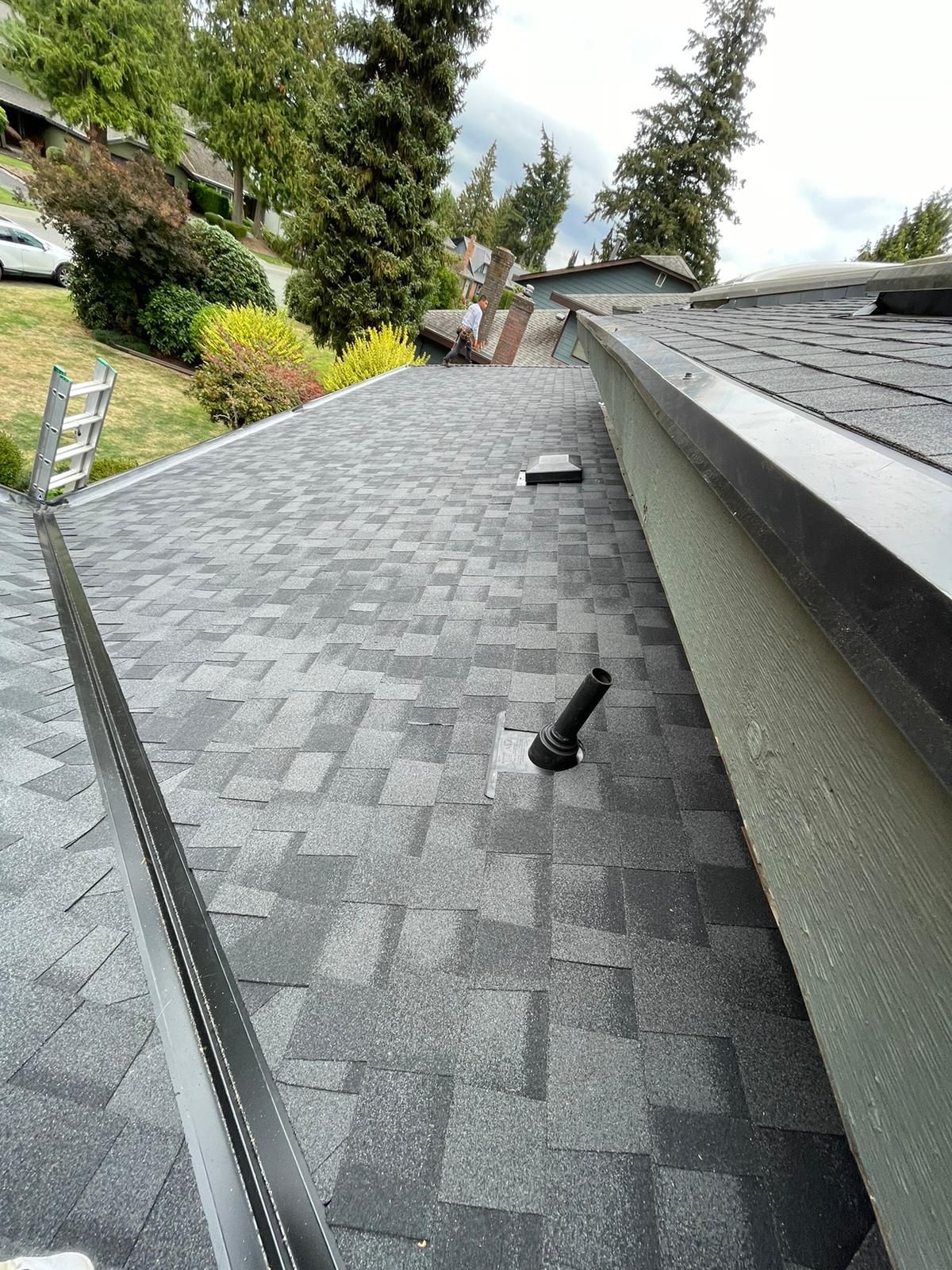 Gray asphalt shingle roof with black gutters, a vent pipe, and a ladder on the side.