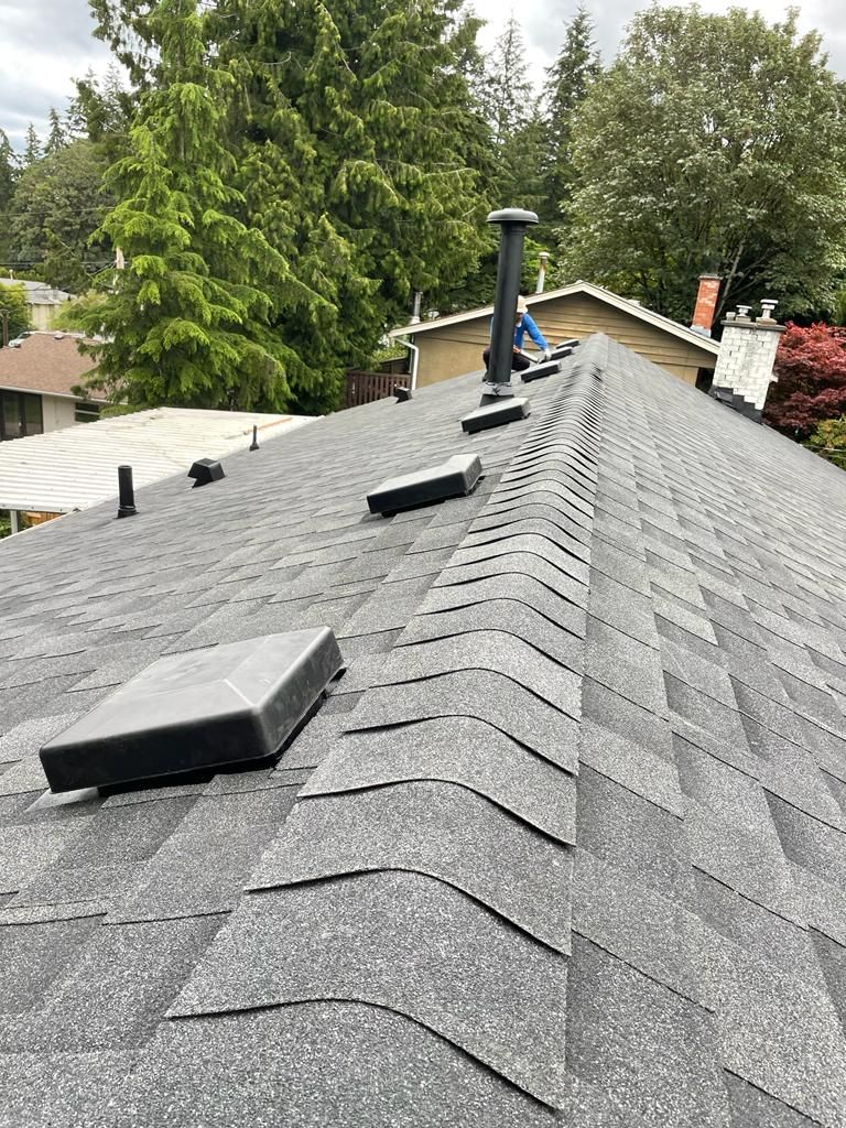 A close up of a roof with a chimney on it.