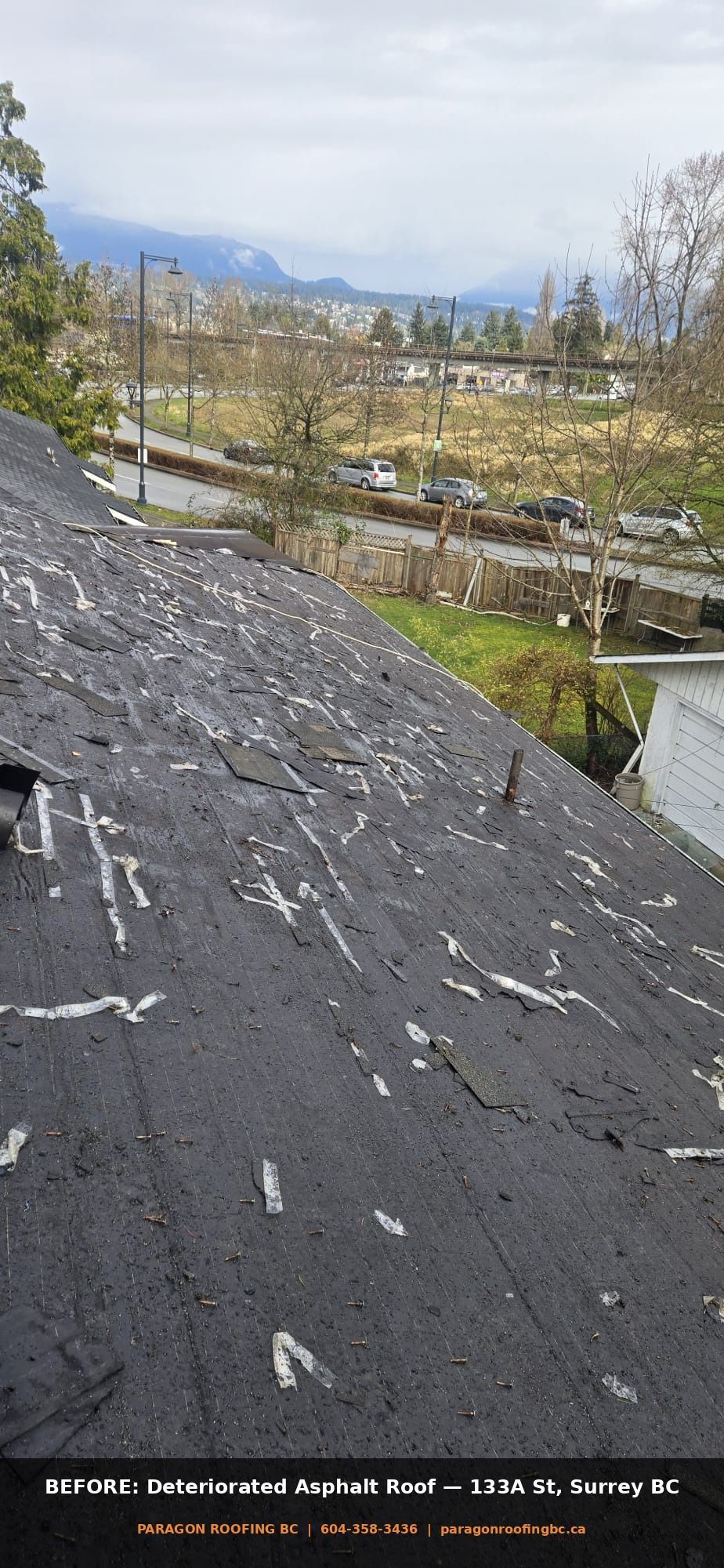 Before: severely deteriorated asphalt shingles on residential roof at 133A St & 108 Ave, Surrey BC — roof replacement needed