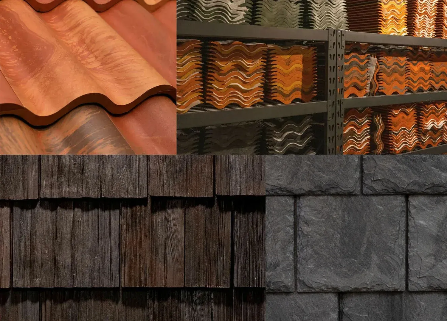 Four different roofing materials: terracotta tiles, stacked orange tiles, dark wood shingles, and grey stone tiles.