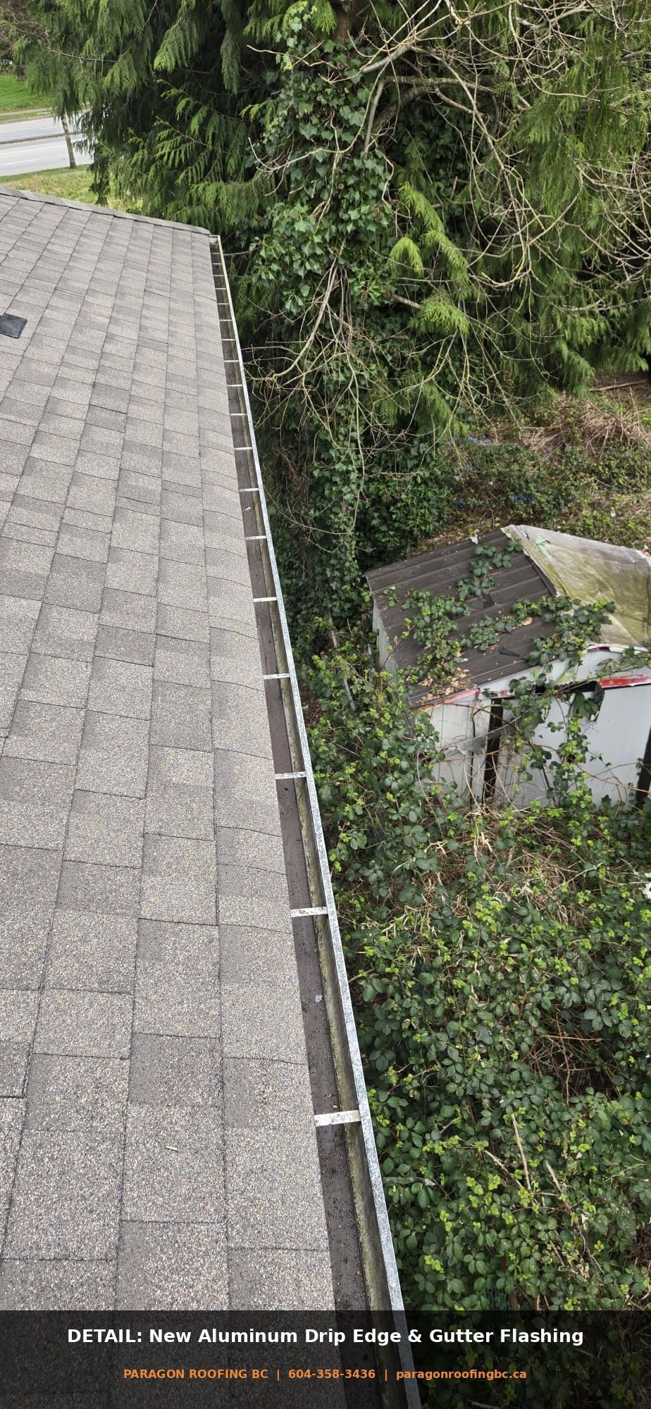 new aluminum drip edge and gutter flashing detail on completed roof — 133A St Surrey BC roof replacement by Paragon Roofing BC