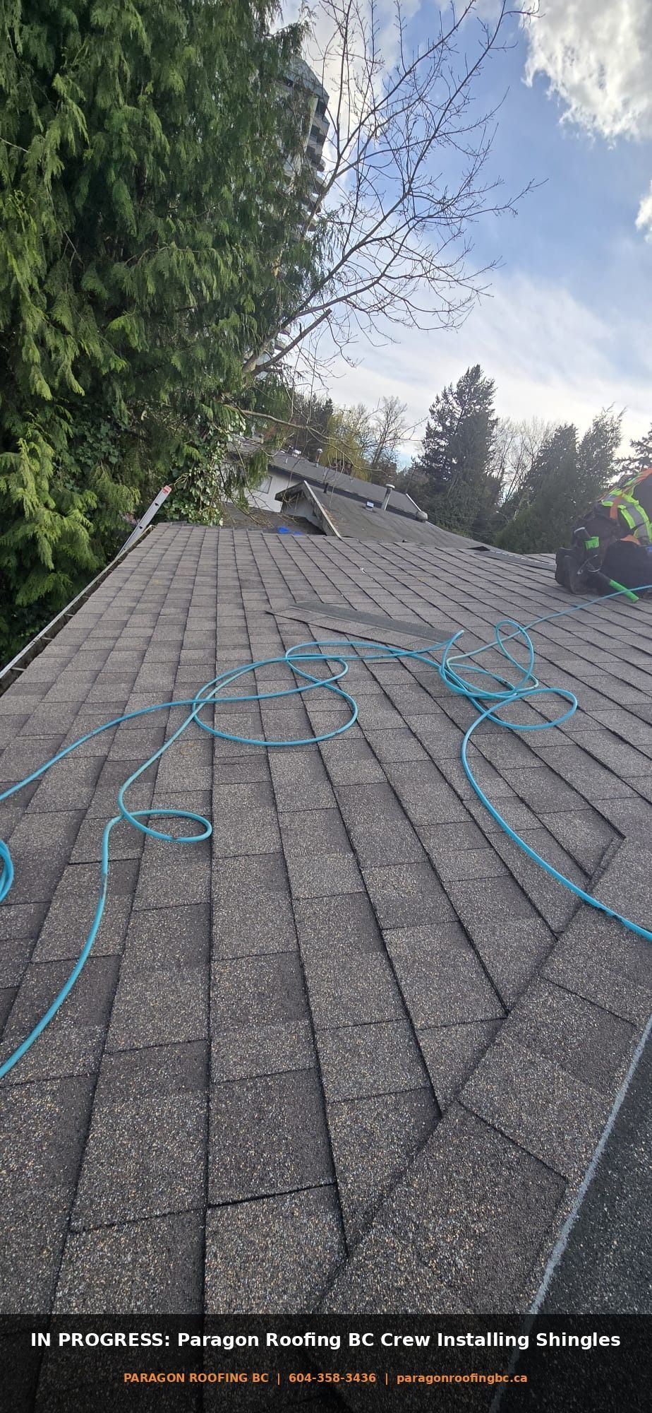 Paragon Roofing BC crew member in hi-vis vest installing IKO architectural shingles on 133A St Surrey BC